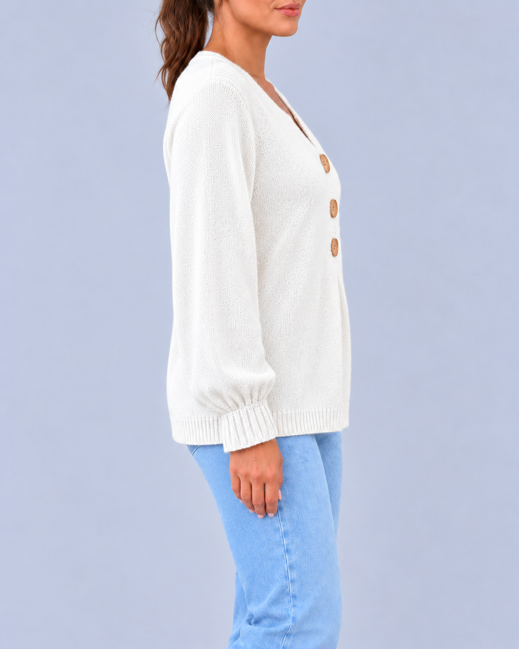 Women's Split Neck Knitted Jumper with Three Buttons & Relaxed Fit – White – 2