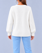 Women's Split Neck Knitted Jumper with Three Buttons & Relaxed Fit – White – 3