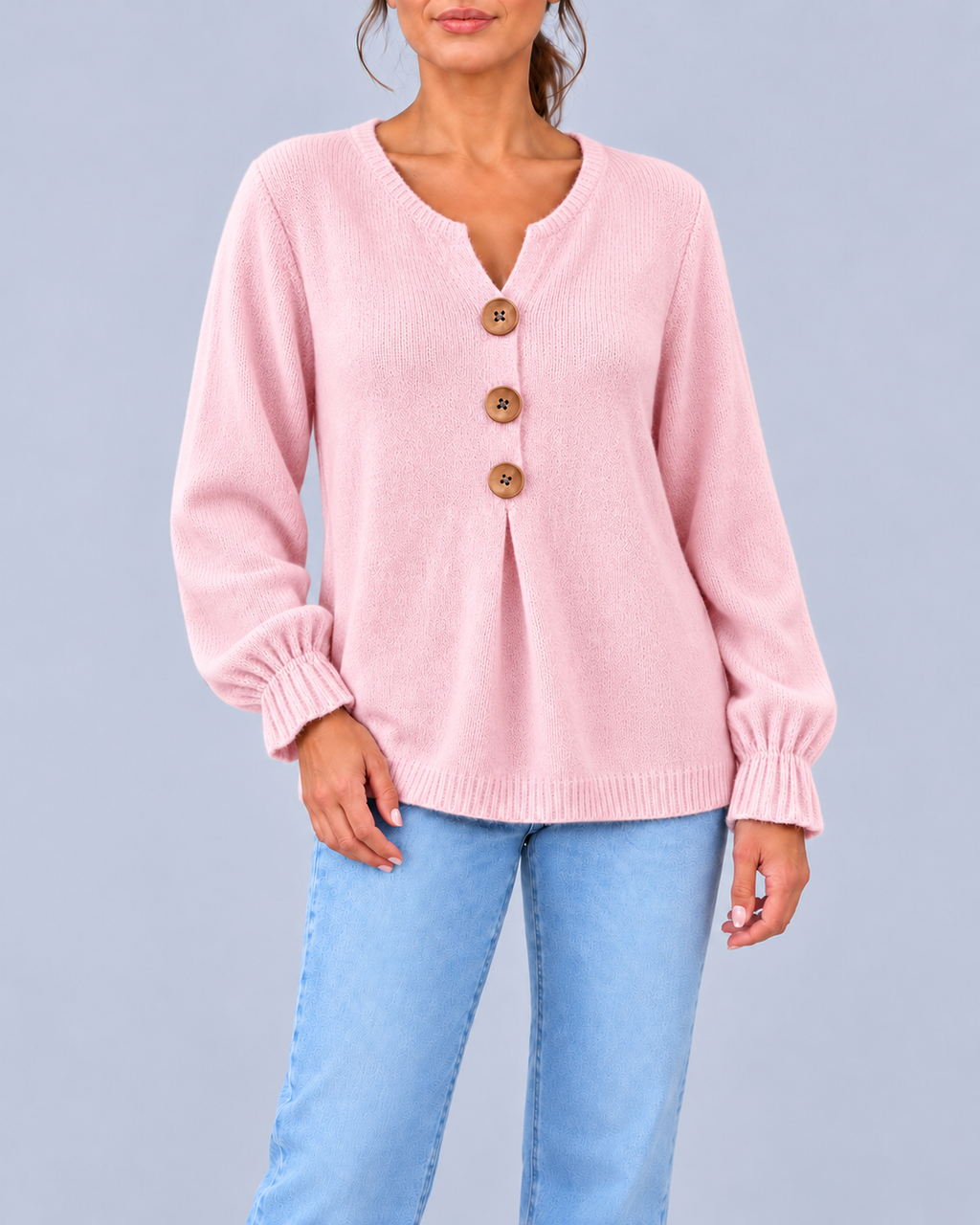 Women's Split Neck Knitted Jumper with Three Buttons & Relaxed Fit – Pink – 1