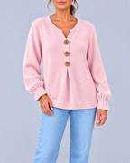 Women's Split Neck Knitted Jumper with Three Buttons & Relaxed Fit – Pink – 1