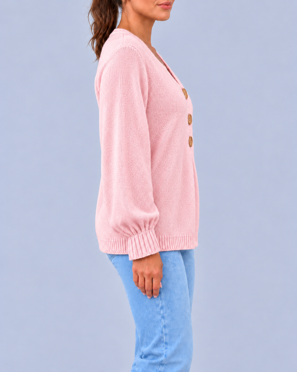 Women's Split Neck Knitted Jumper with Three Buttons & Relaxed Fit – Pink – 2