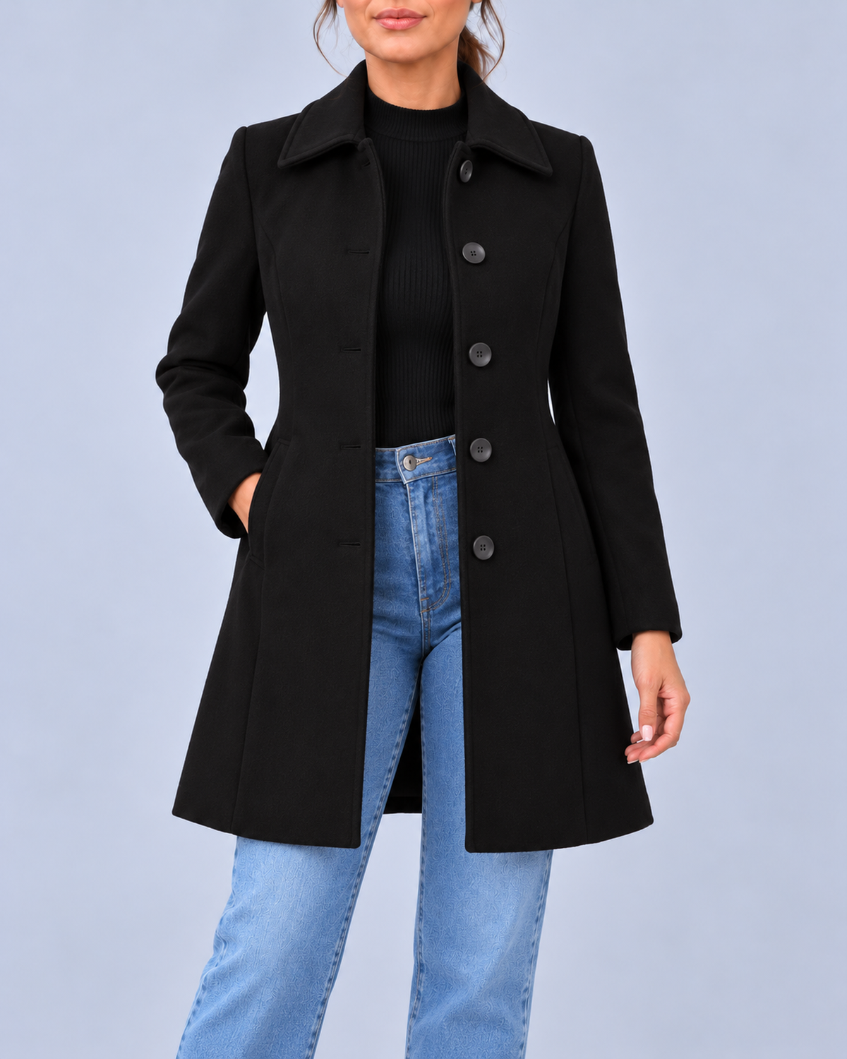 Women's Wool Look Fit and Flare Coat with Pointed Collar – Black – 1