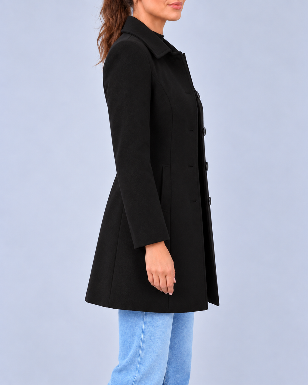 Women's Wool Look Fit and Flare Coat with Pointed Collar – Black – 2