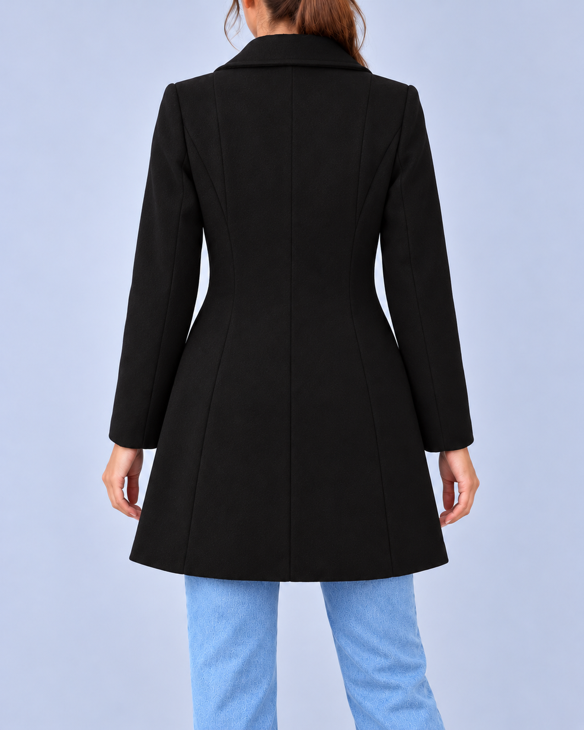 Women's Wool Look Fit and Flare Coat with Pointed Collar – Black – 3