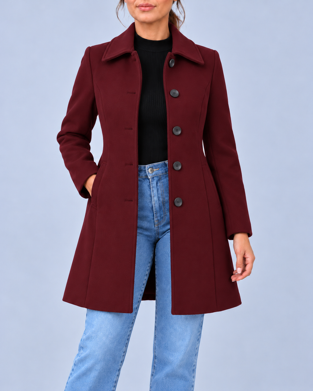 Women's Wool Look Fit and Flare Coat with Pointed Collar – Burgundy – 1