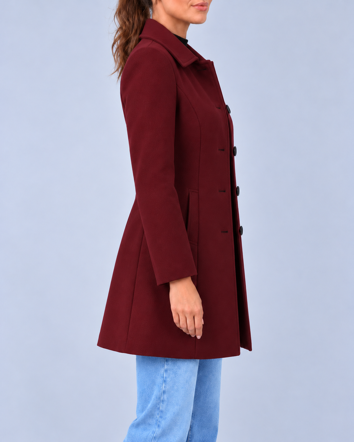 Women's Wool Look Fit and Flare Coat with Pointed Collar – Burgundy – 2