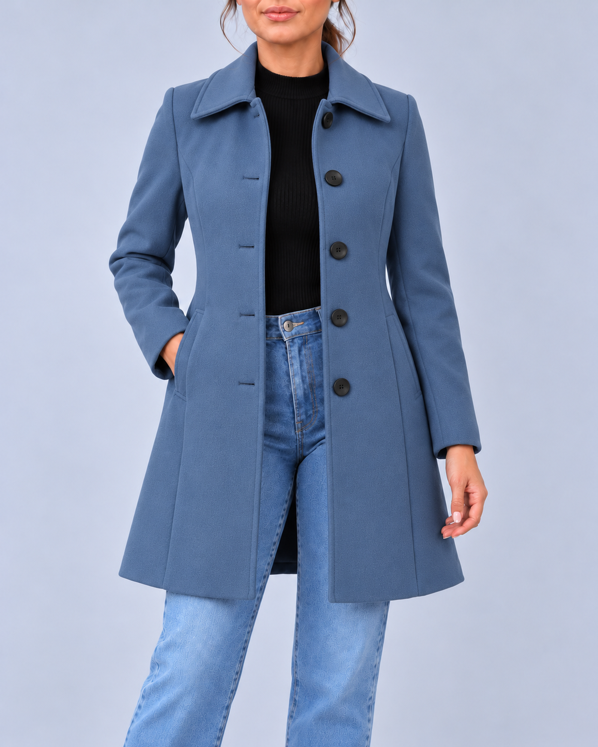 Women's Wool Look Fit and Flare Coat with Pointed Collar – Light Blue – 1