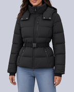 Women's Belted Puffer Jacket with Hood and Stand Collar in Black – Front View