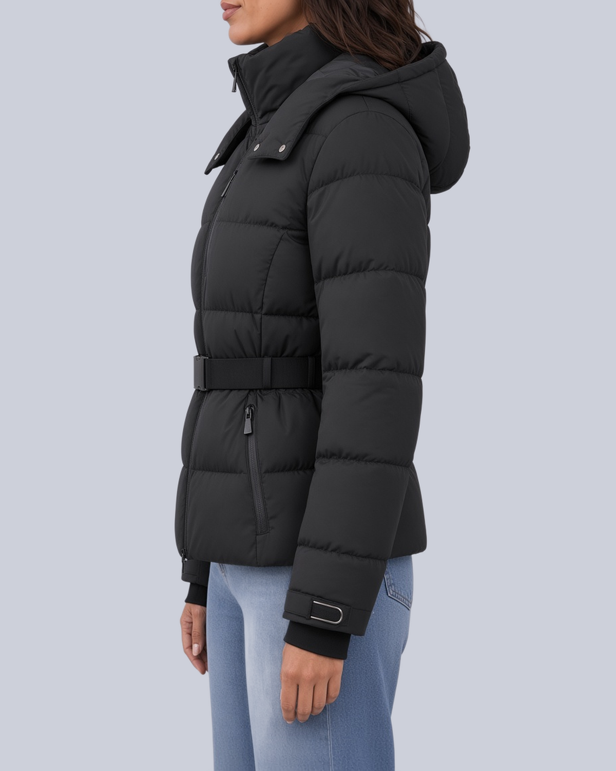 Women's Belted Puffer Jacket with Hood and Stand Collar in Black – Side View