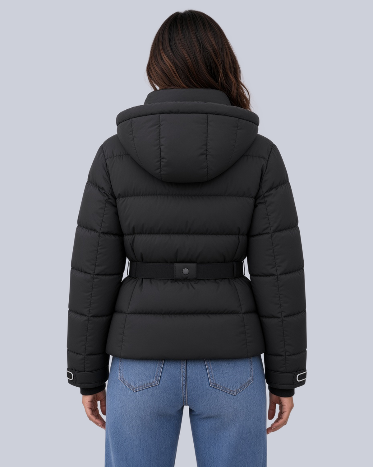 Women's Belted Puffer Jacket with Hood and Stand Collar in Black – Back View