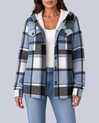 Women's Checked Shacket with Sherpa Lined Hood and Flap Pockets in Blue – Front View