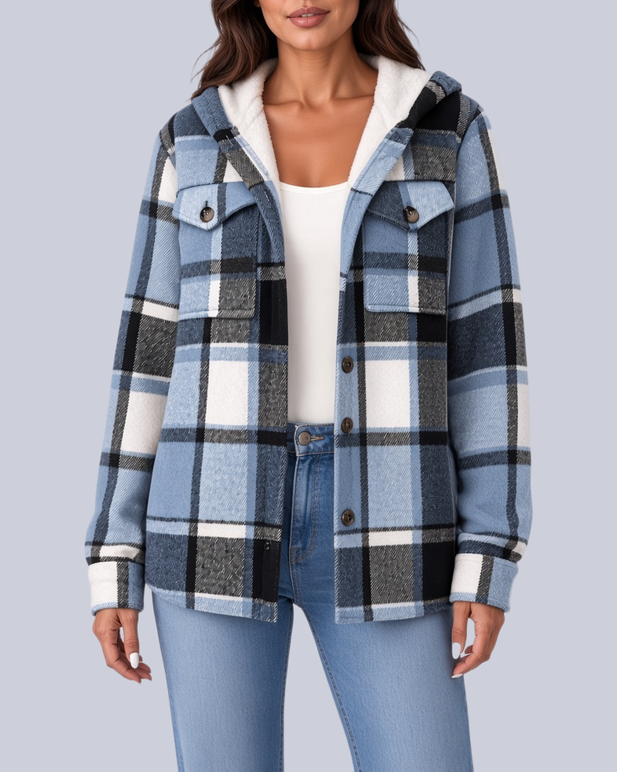 Women's Checked Shacket with Sherpa Lined Hood and Flap Pockets in Blue – Front View