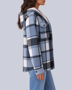 Women's Checked Shacket with Sherpa Lined Hood and Flap Pockets in Blue – Side View