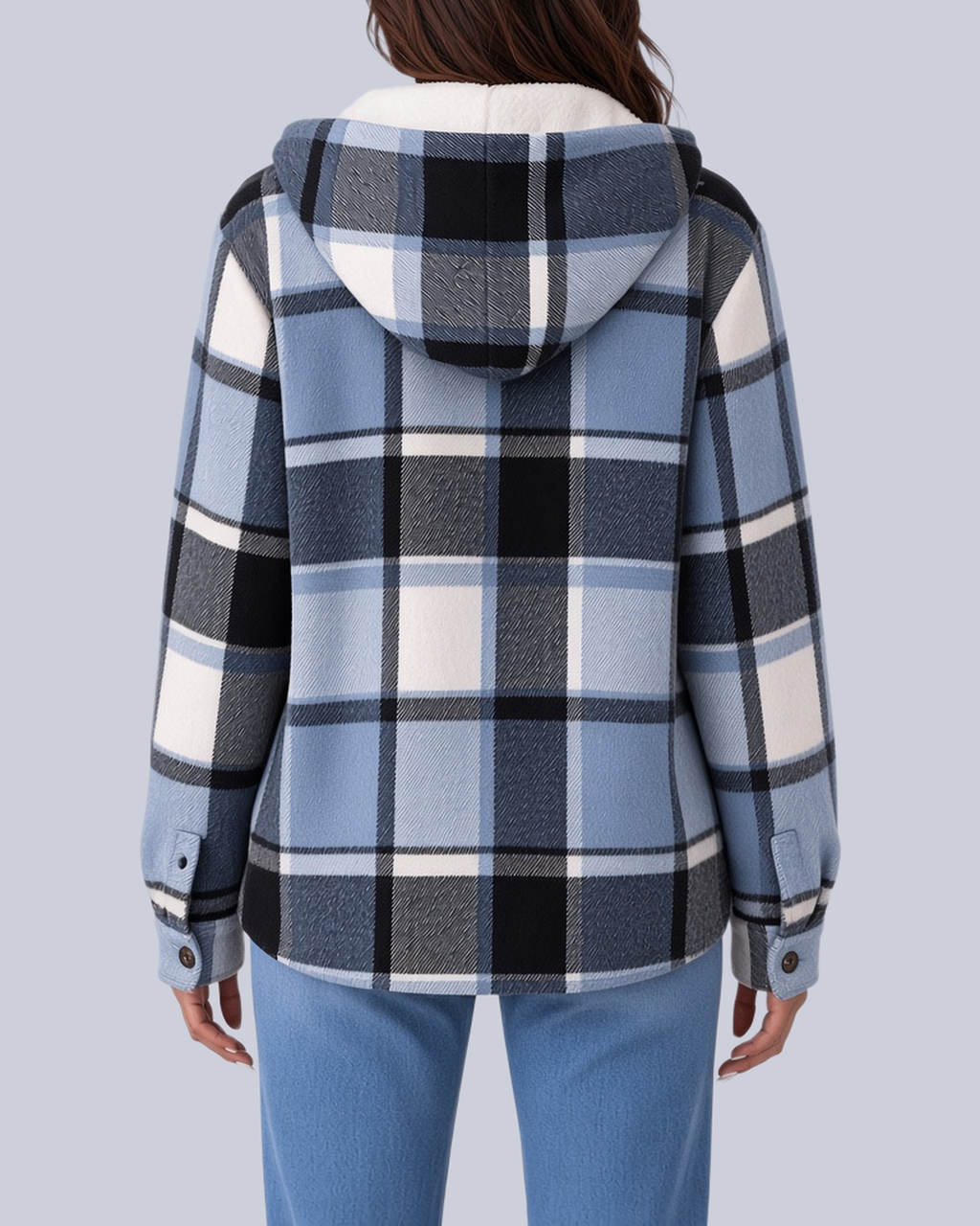 Women's Checked Shacket with Sherpa Lined Hood and Flap Pockets in Blue – Back View