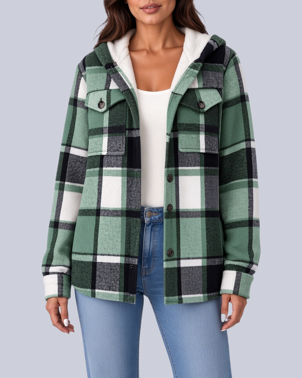 Women's Checked Shacket with Sherpa Lined Hood and Flap Pockets in Green – Front View