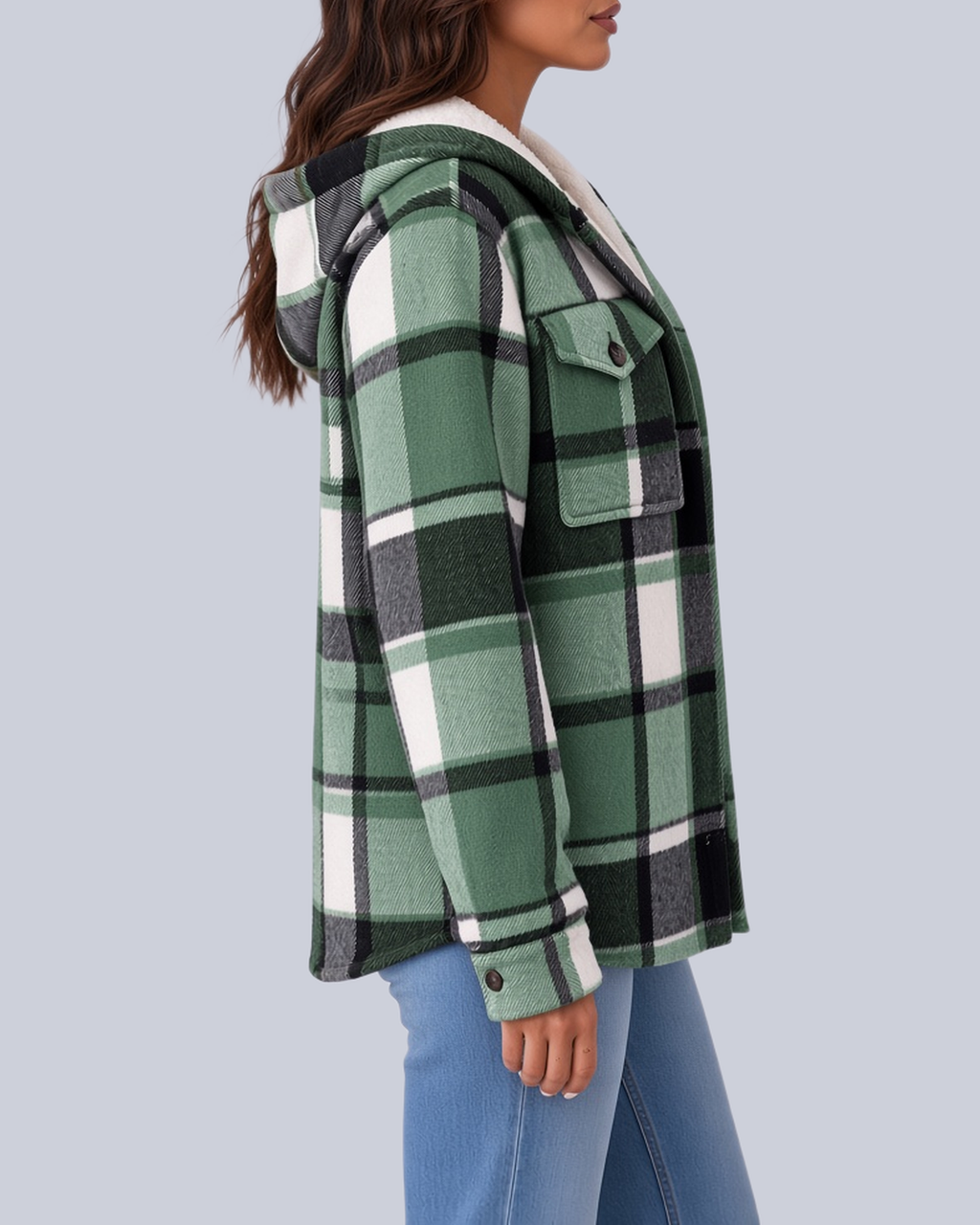 Women's Checked Shacket with Sherpa Lined Hood and Flap Pockets in Green – Side View