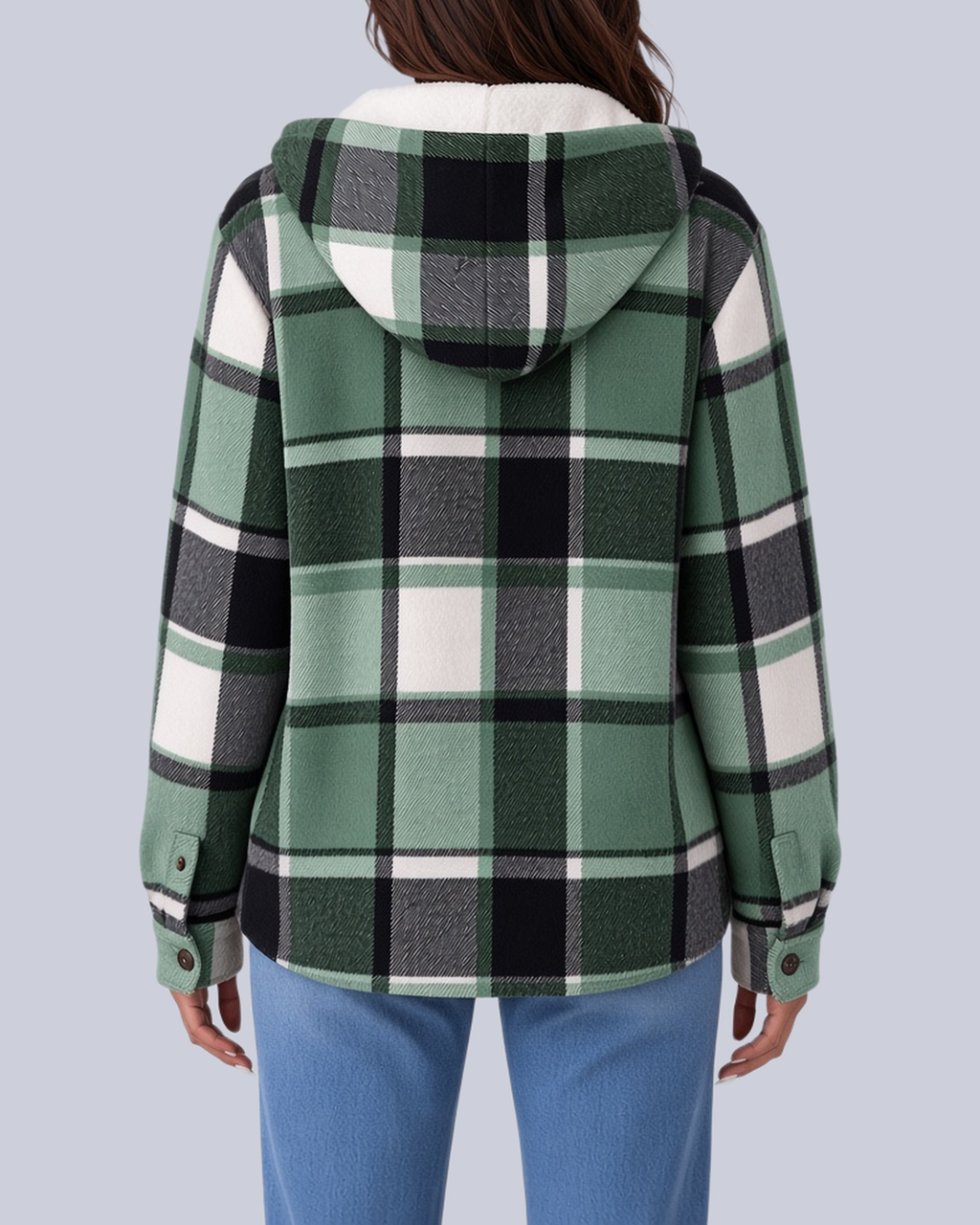 Women's Checked Shacket with Sherpa Lined Hood and Flap Pockets in Green – Back View