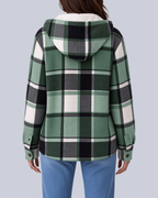 Women's Checked Shacket with Sherpa Lined Hood and Flap Pockets in Green – Back View
