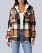 Women's Checked Shacket with Sherpa Lined Hood and Flap Pockets in Khaki – Front View