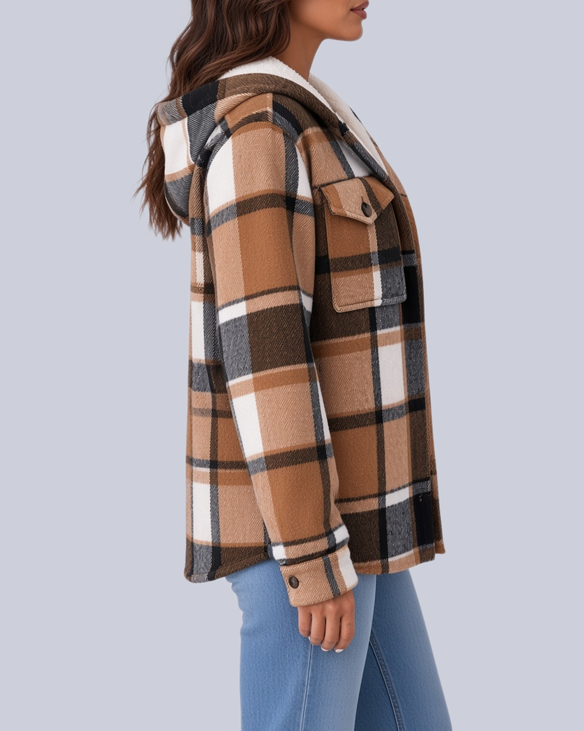 Women's Checked Shacket with Sherpa Lined Hood and Flap Pockets in Khaki – Side View