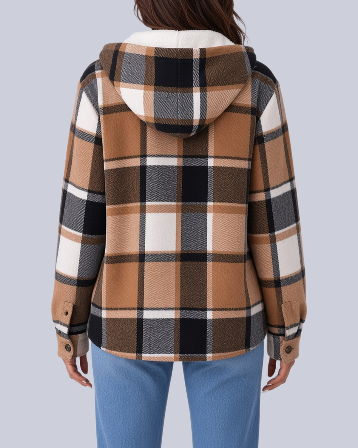Women's Checked Shacket with Sherpa Lined Hood and Flap Pockets in Khaki – Back View