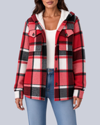 Women's Checked Shacket with Sherpa Lined Hood and Flap Pockets in Red – Front View