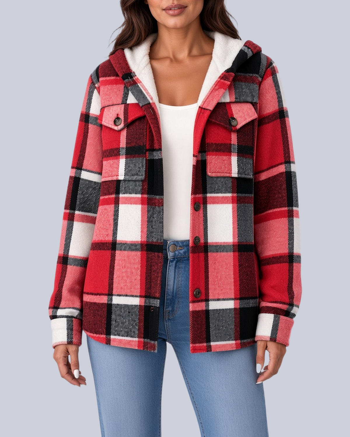 Women's Checked Shacket with Sherpa Lined Hood and Flap Pockets in Red – Front View
