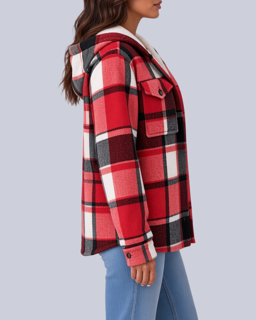 Women's Checked Shacket with Sherpa Lined Hood and Flap Pockets in Red – Side View