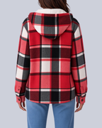 Women's Checked Shacket with Sherpa Lined Hood and Flap Pockets in Red – Back View