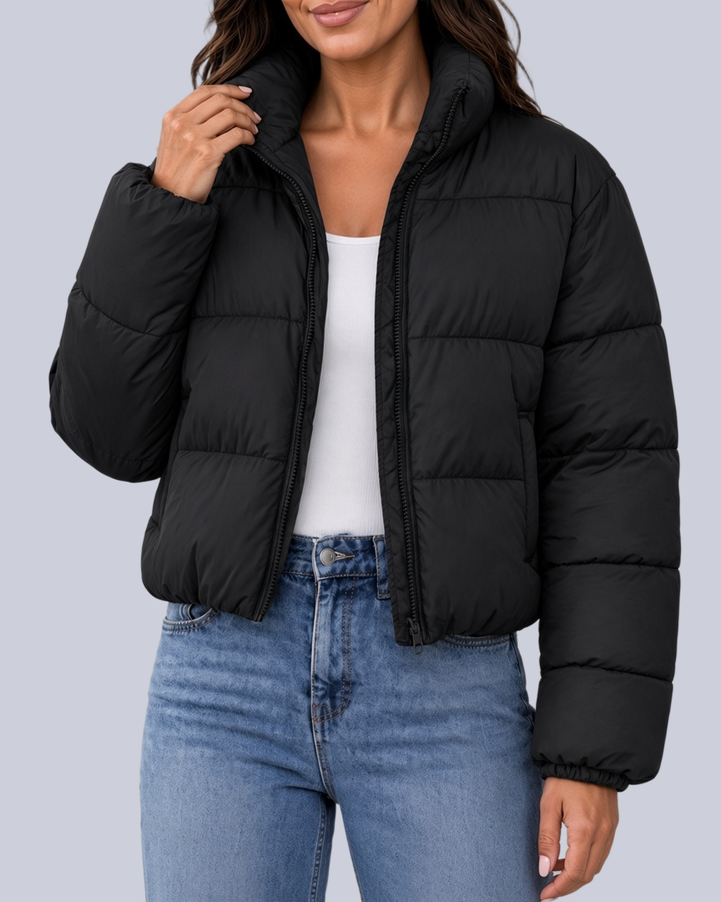 Women's Cropped Puffer Jacket with Funnel Neck and Zip Front in Black – Front View
