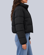 Women's Cropped Puffer Jacket with Funnel Neck and Zip Front in Black – Side View