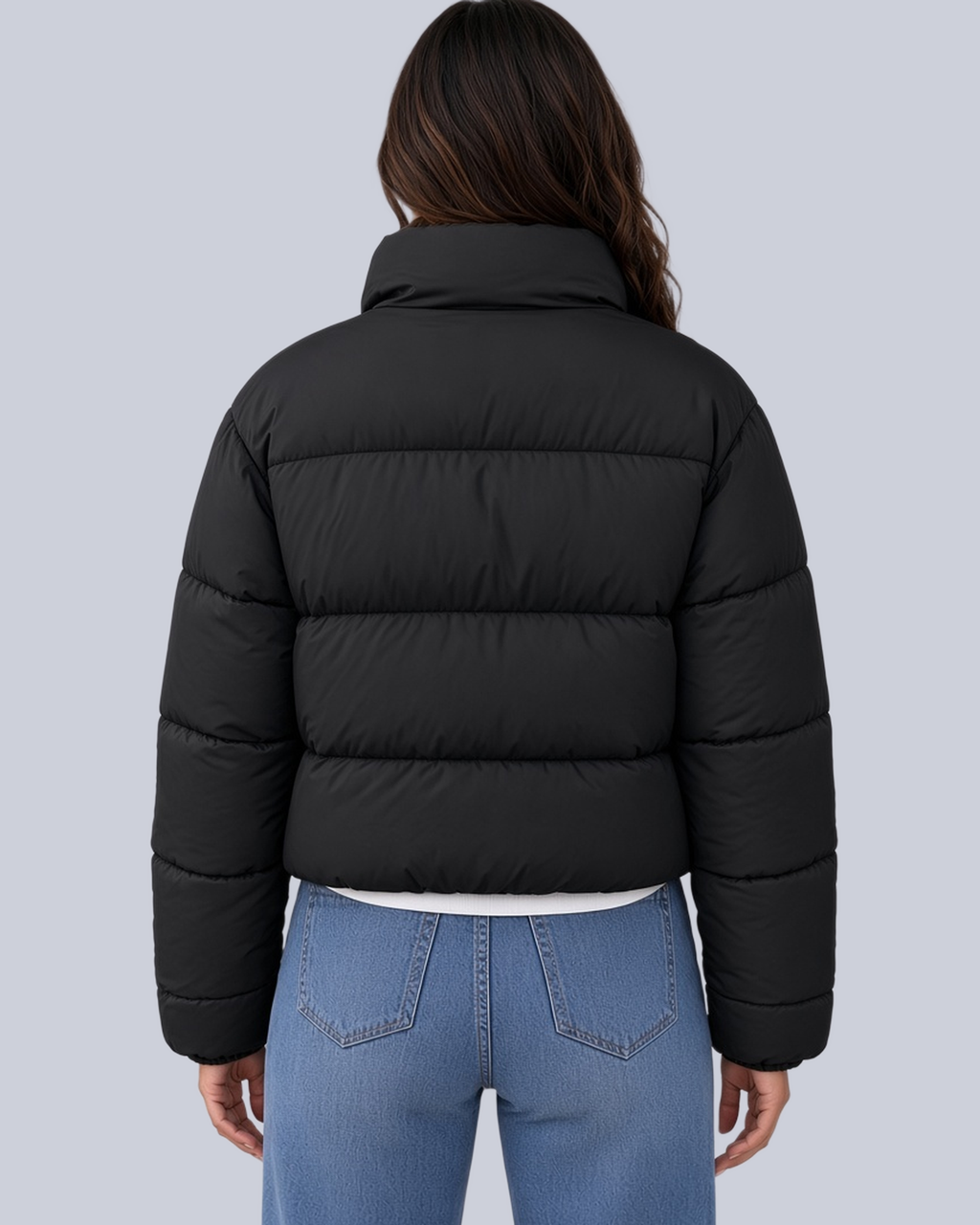 Women's Cropped Puffer Jacket with Funnel Neck and Zip Front in Black – Back View