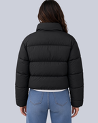 Women's Cropped Puffer Jacket with Funnel Neck and Zip Front in Black – Back View