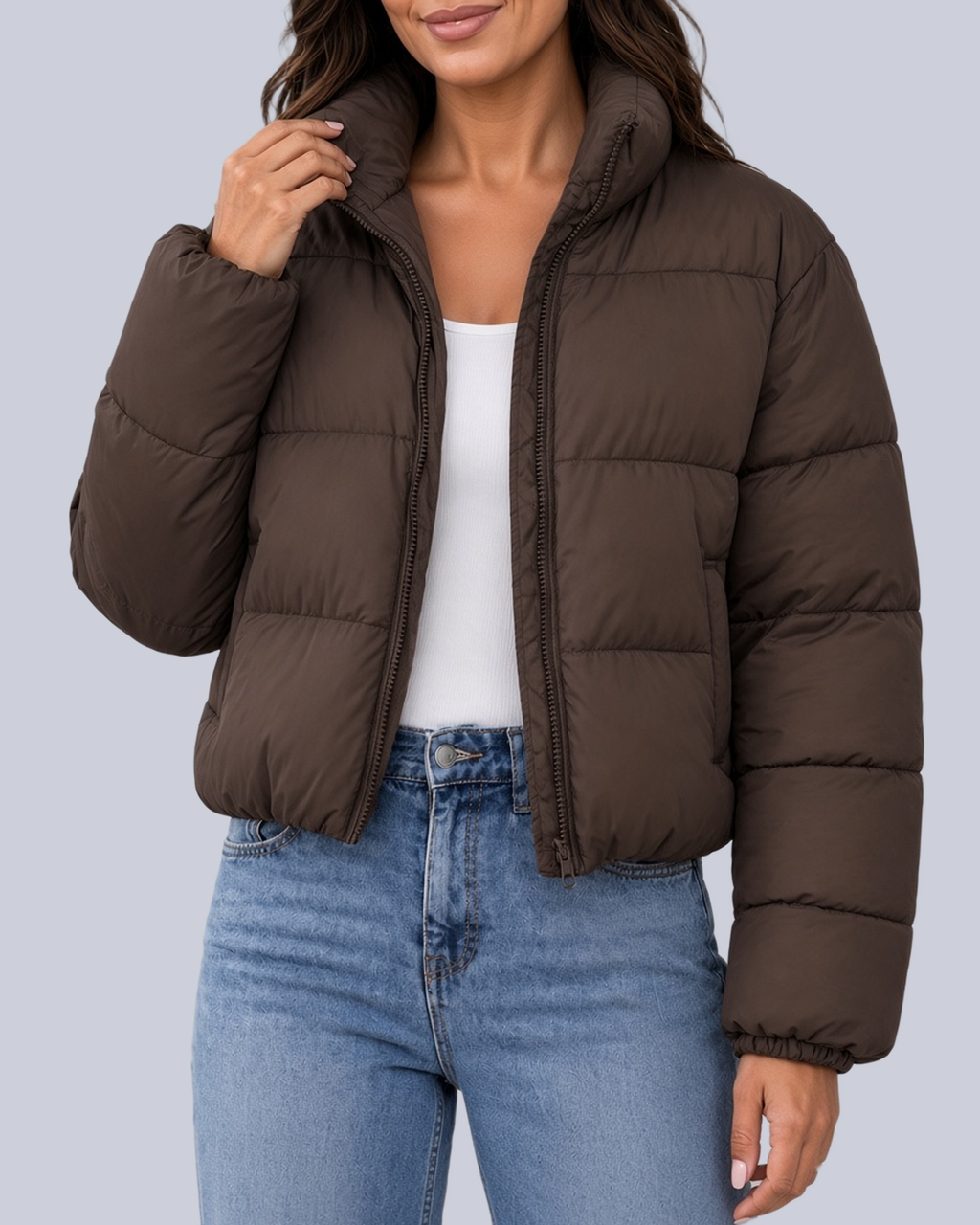 Women's Cropped Puffer Jacket with Funnel Neck and Zip Front in Dark Brown – Front View
