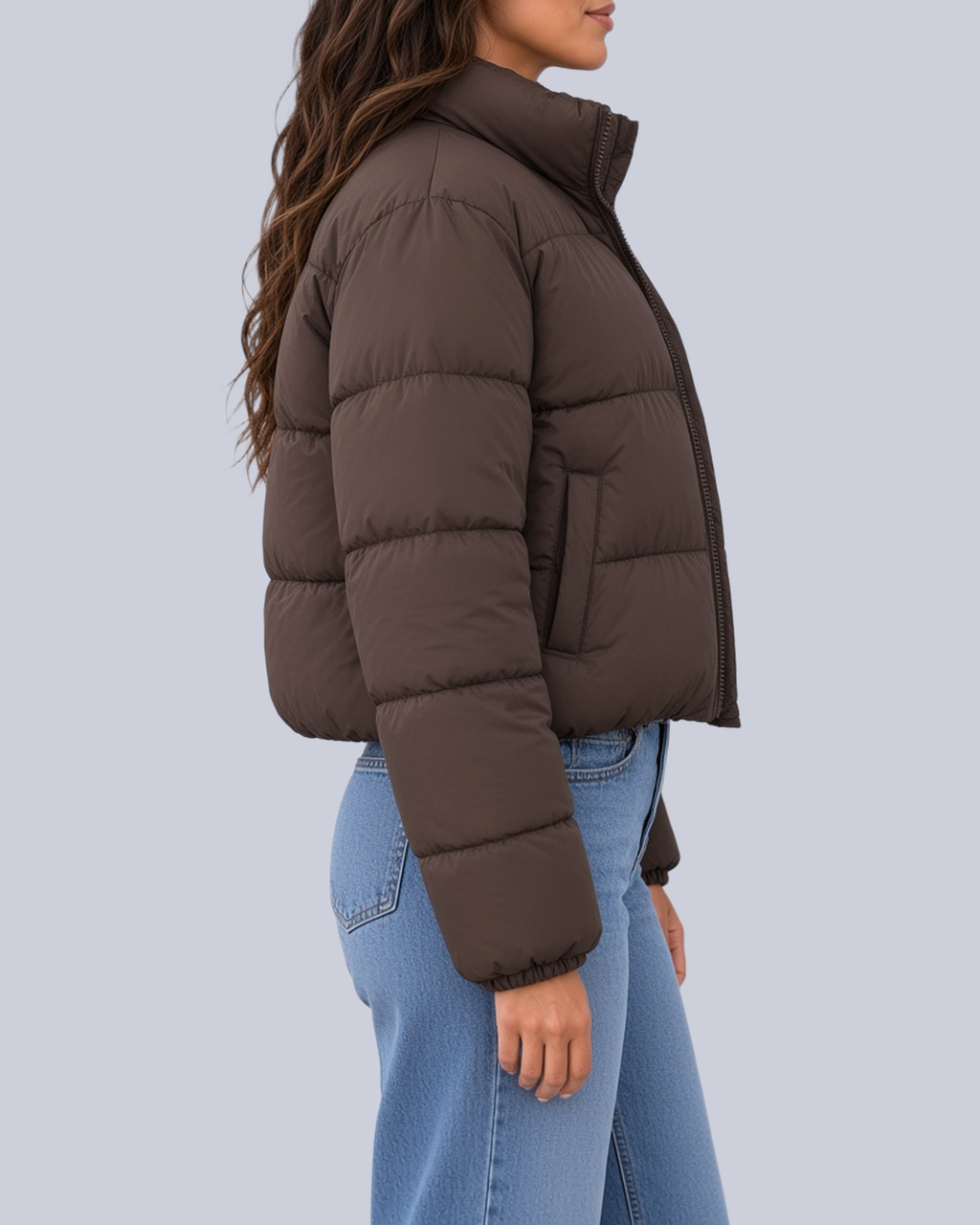 Women's Cropped Puffer Jacket with Funnel Neck and Zip Front in Dark Brown – Side View