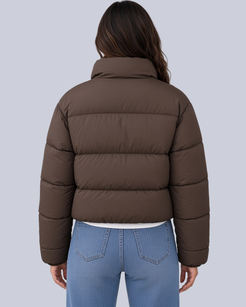 Women's Cropped Puffer Jacket with Funnel Neck and Zip Front in Dark Brown – Back View
