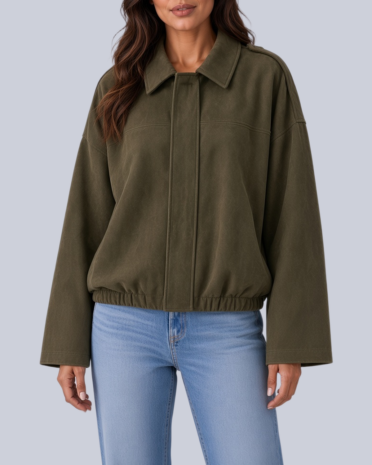 Women's Faux Suede Bomber Jacket with Shirt Collar and Elasticated Hem in Army Green – Front View