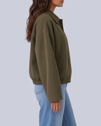 Women's Faux Suede Bomber Jacket with Shirt Collar and Elasticated Hem in Army Green – Side View