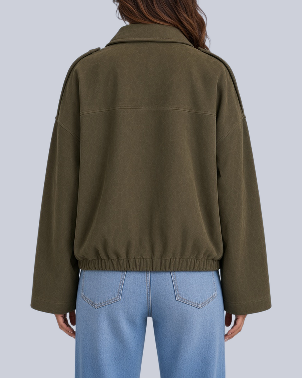 Women's Faux Suede Bomber Jacket with Shirt Collar and Elasticated Hem in Army Green – Back View