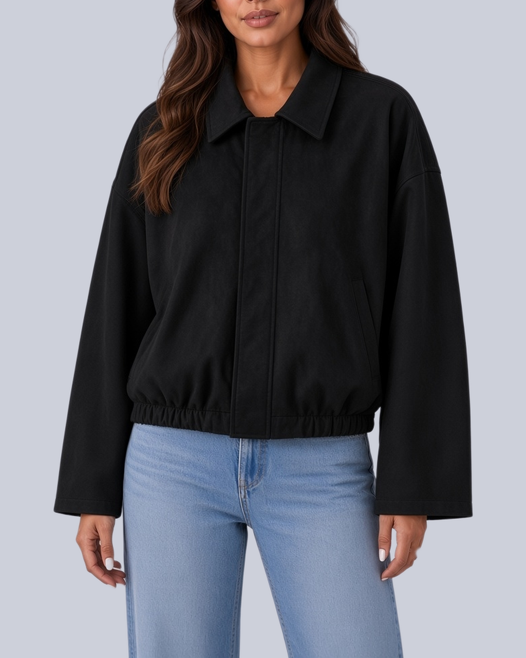 Women's Faux Suede Bomber Jacket with Shirt Collar and Elasticated Hem in Black – Front View
