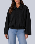 Women's Faux Suede Bomber Jacket with Shirt Collar and Elasticated Hem in Black – Front View