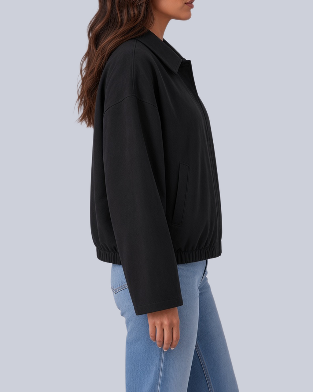Women's Faux Suede Bomber Jacket with Shirt Collar and Elasticated Hem in Black – Side View