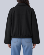 Women's Faux Suede Bomber Jacket with Shirt Collar and Elasticated Hem in Black – Back View