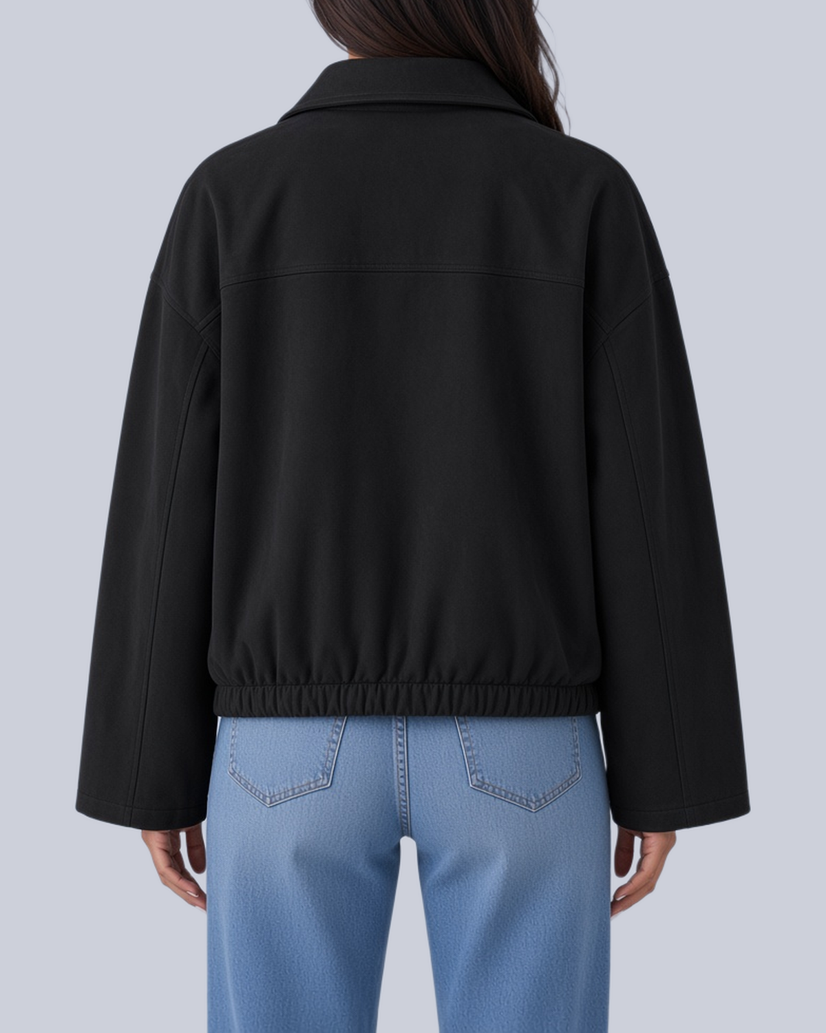 Women's Faux Suede Bomber Jacket with Shirt Collar and Elasticated Hem in Black – Back View