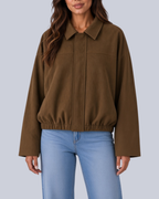 Women's Faux Suede Bomber Jacket with Shirt Collar and Elasticated Hem in Brown – Front View