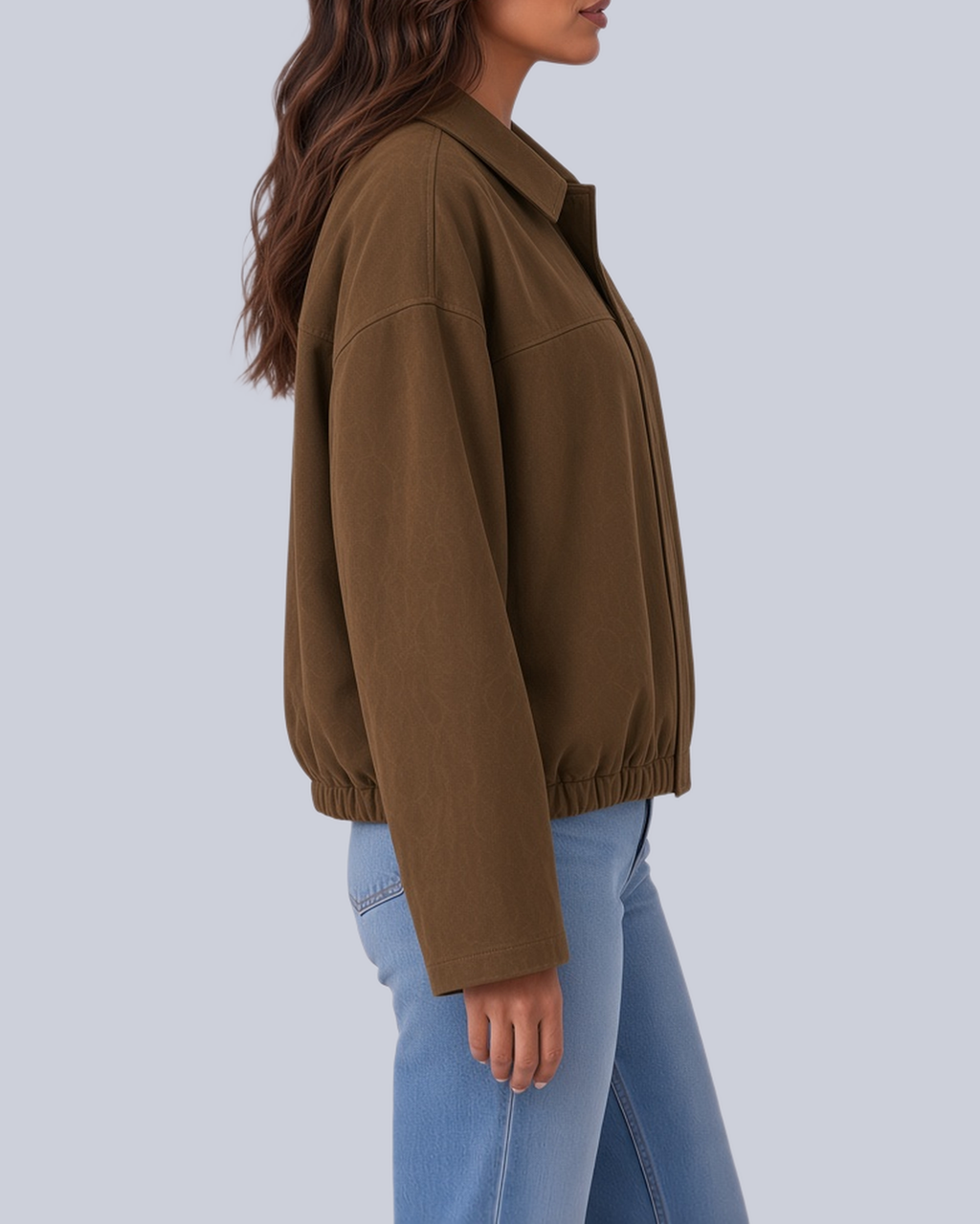Women's Faux Suede Bomber Jacket with Shirt Collar and Elasticated Hem in Brown – Side View