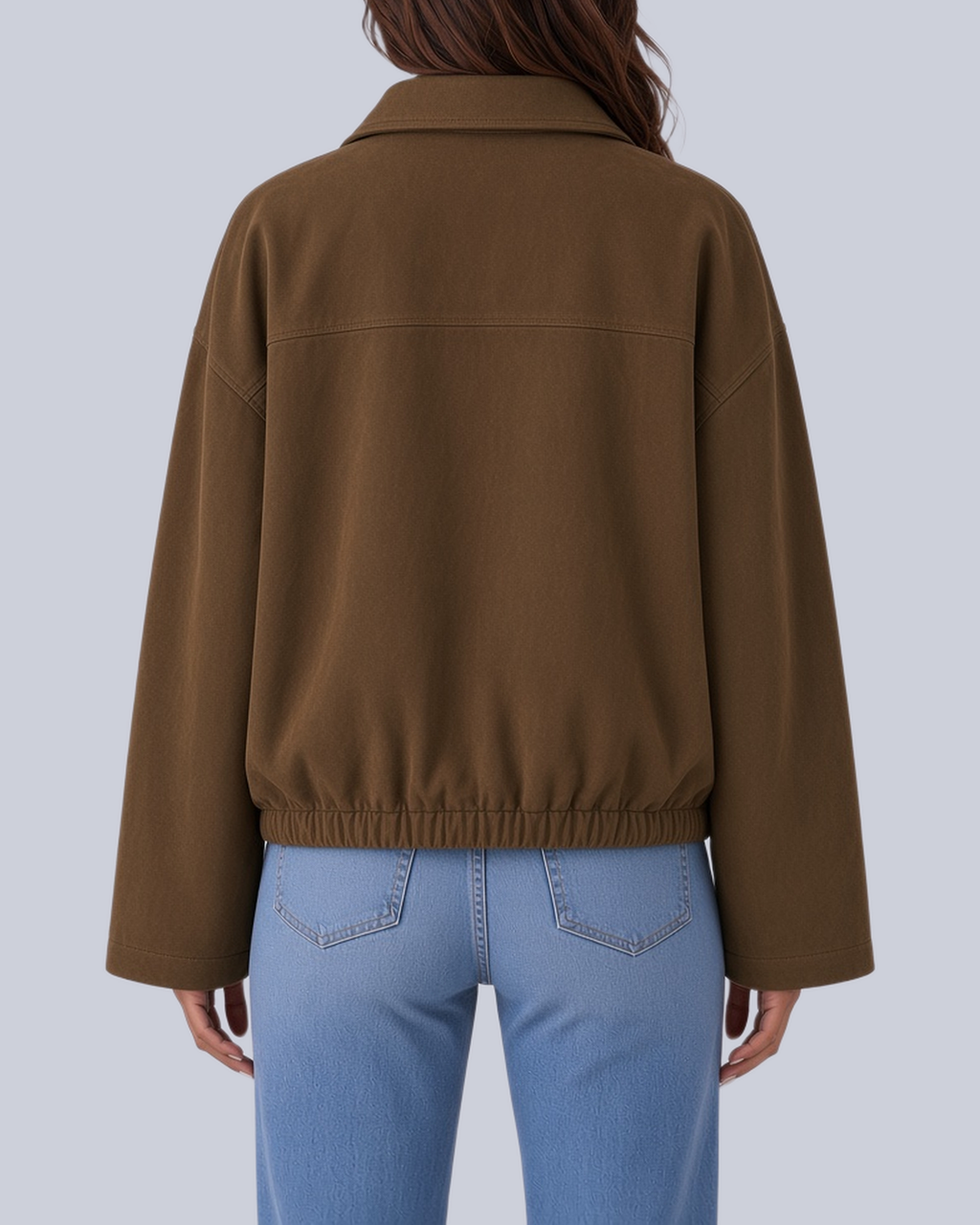 Women's Faux Suede Bomber Jacket with Shirt Collar and Elasticated Hem in Brown – Back View