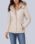 Women's Fitted Padded Jacket with Faux Fur Hood and Zip Pockets in Beige – Front View