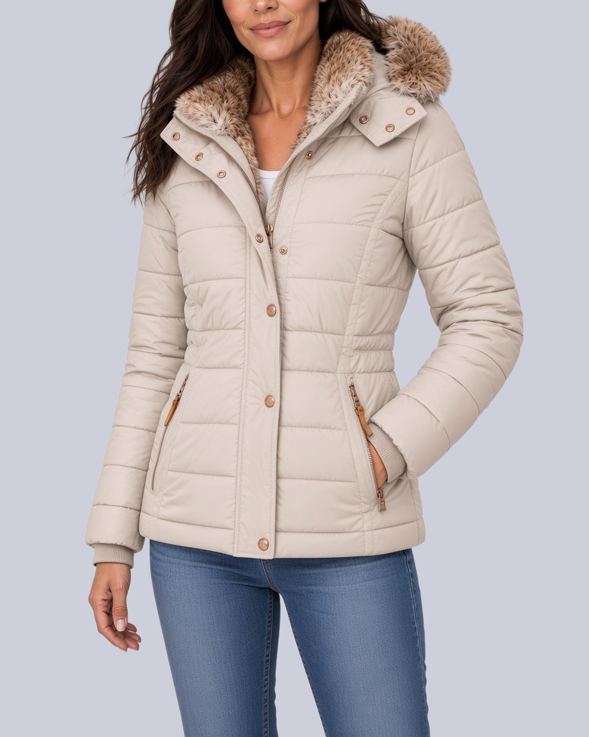 Women's Fitted Padded Jacket with Faux Fur Hood and Zip Pockets in Beige – Front View