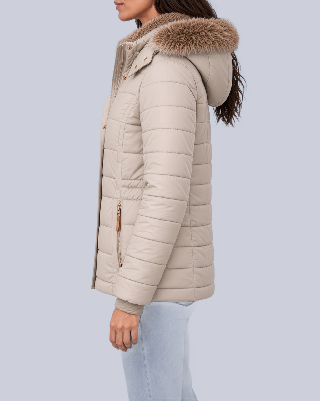 Women's Fitted Padded Jacket with Faux Fur Hood and Zip Pockets in Beige – Side View
